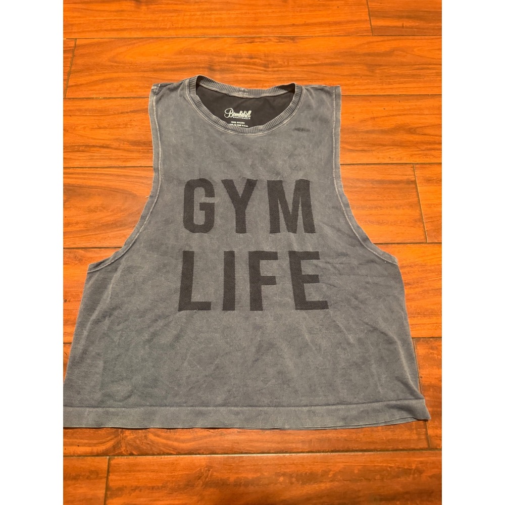 Bombshell Sportswear Gym Life Muscle Tank Top Blue Acid Wash Size M Made in USA